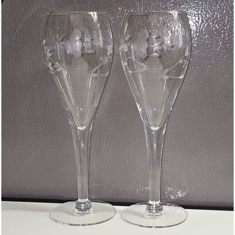 2 Princess House Heritage Champagne Flute 7.7" handblown crystal fluted Etched